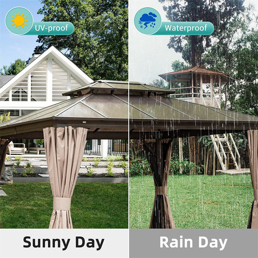 10&#039;x12&#039; Hardtop Gazebo, Permanent Outdoor Gazebo with Polycarbonate Double Roof, Aluminum Gazebo Pavilion with Curtain and Net for Garden, Patio, Lawns, Deck, Backyard(Brown)